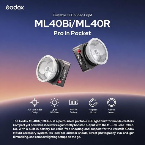 Godox ML40Bi Portable LED Video Light, Palm-Sized Bi-Color COB Light | with Built-in Battery, 2800K-6500K CCT, APP & NFC Control, Godox Mount, Lens Reflector, 43Min Runtime for YouTube in Kuwait