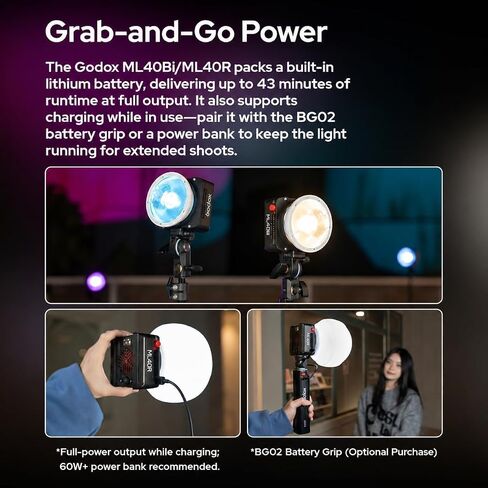 Godox ML40Bi Portable LED Video Light, Palm-Sized Bi-Color COB Light | with Built-in Battery, 2800K-6500K CCT, APP & NFC Control, Godox Mount, Lens Reflector, 43Min Runtime for YouTube in Kuwait