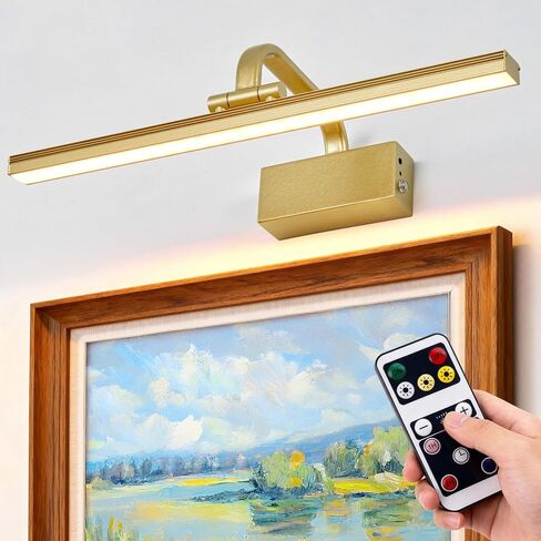 Picture Light,5000mAh Battery Operated Wall Sconce,16" Art Light,L-Gold | Metal Photo Lights for Wall,Remote Timer and Dimmer Gallery Light,Painting Light for Portrait Display Frame in Kuwait