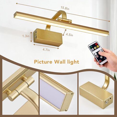 Picture Light,5000mAh Battery Operated Wall Sconce,16" Art Light,L-Gold | Metal Photo Lights for Wall,Remote Timer and Dimmer Gallery Light,Painting Light for Portrait Display Frame in Saudi Arabia