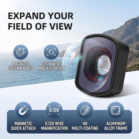 EBTOOLS Magnetic Wide Angle Lens, 0.72X Ultra Wide Angle Lens Compatible with 4 Camera, HD Optical Glass Aluminum Alloy Frame for Landscape Photography in Kuwait