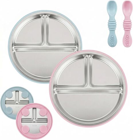 PandaEar 2 Pack Stainless Steel Baby Suction Plates & 2 Pack Spoons, Toddler Utensils Baby Feeding Set, Divided Plates for Baby Led Weaning Supplies, BPA-Free (Blue/Green) in Kuwait