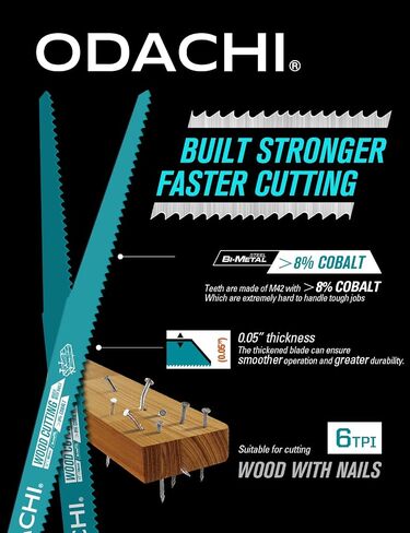 ODACHI Reciprocating Saw Blade for Wood, Nail-Embedded and Wood Demolition, Bi-Metal M42 Cobalt Sawzall Blades 12 Inch 6TPl 5-Pack in Kuwait