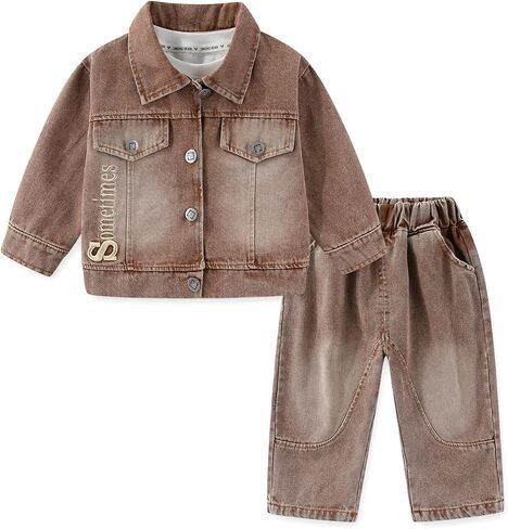 Peacolate Infant Toddler Baby Boys Denim Clothing Sets 3Pcs Outfit Set T Shirt Denim Jacket and Jeans in Kuwait