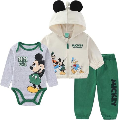 Disney Mickey & Friends Baby Boys Bodysuit Hoodie and Pants 3 Piece Set in Kuwait