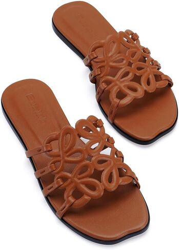 Brown Flat Sandals for Women 2026 Luxury Open Toe Dressy Slip On Sandals Comfortable Slides for Summer in Kuwait