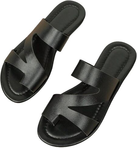 GORGLITTER Women's Leather Toe Ring Wide Width Sandals Dressy Cute Summer Slip on Slides Beach Flats Slippers Shoes in Kuwait