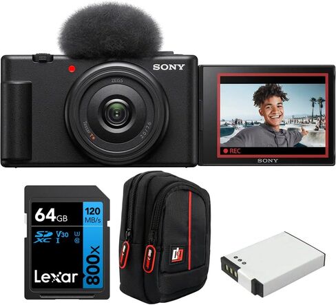 Sony ZV-1F Vlog Camera for Content Creators and Vloggers Black Bundle with Lexar 64GB High-Performance 800x UHS-I SDHC Memory Card + Camera Case + 1400 mAh Battery Pack in Saudi Arabia