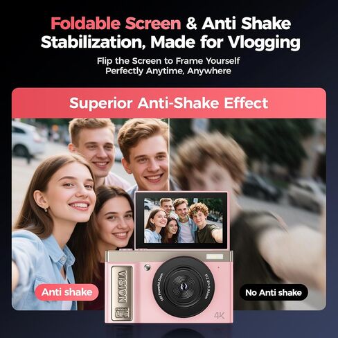 4K Digital Camera Pink for Girls Teens: 64MP Vlogging Camera with Flip Screen - 16X Zoom - Cute Compact Cam for Photography and YouTube – Aesthetic Point and Shoot Gift for Ages 8-18 in Kuwait
