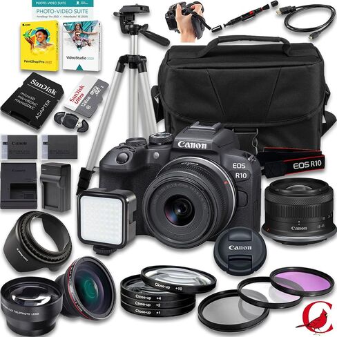 Canon EOS R10 Mirrorless Camera with RF-S 18-45mm f/4.5-6.3 is STM Lens + 128 GB Memory + Extra Battery + Camera Case + Tripod + More (29pc Bundle) in Kuwait