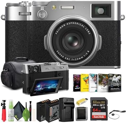 FUJIFILM X100VI Point & Shoot Camera (Silver) & LED Light (16821822) Bundle | For Travel, Everyday Photography & Video | Includes 2x 64GB Memory Card, Memory Card Wallet, Extra Battery + More in Kuwait