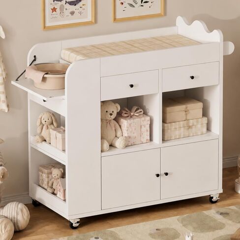 Baby Changing Table, 2 Drawers Nursery Changing Station with 4 Open Cubbies, Rolling Chest with Wheels, 43" W x 19.5" D x 40" H, White in Kuwait