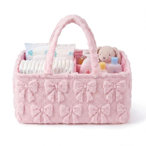 Pink Bow Tufted Diaper Caddy Organizer Large Portable Baby Storage Basket with Handles Soft Fluffy Fabric Nursery Organizer Gift for Newborn Baby Shower in Kuwait