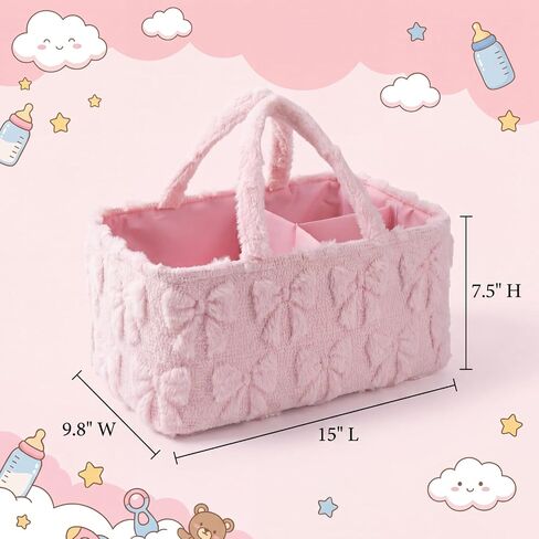 Pink Bow Tufted Diaper Caddy Organizer Large Portable Baby Storage Basket with Handles Soft Fluffy Fabric Nursery Organizer Gift for Newborn Baby Shower in Kuwait
