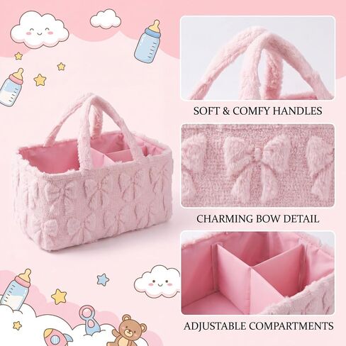 Pink Bow Tufted Diaper Caddy Organizer Large Portable Baby Storage Basket with Handles Soft Fluffy Fabric Nursery Organizer Gift for Newborn Baby Shower in Kuwait