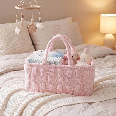 Pink Bow Tufted Diaper Caddy Organizer Large Portable Baby Storage Basket with Handles Soft Fluffy Fabric Nursery Organizer Gift for Newborn Baby Shower in Kuwait