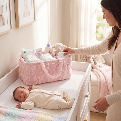 Pink Bow Tufted Diaper Caddy Organizer Large Portable Baby Storage Basket with Handles Soft Fluffy Fabric Nursery Organizer Gift for Newborn Baby Shower in Kuwait
