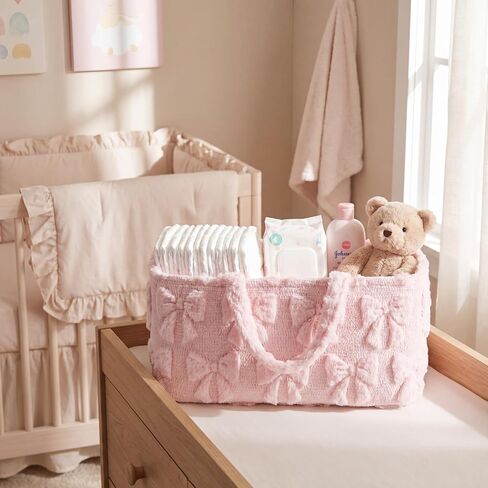 Pink Bow Tufted Diaper Caddy Organizer Large Portable Baby Storage Basket with Handles Soft Fluffy Fabric Nursery Organizer Gift for Newborn Baby Shower in Kuwait