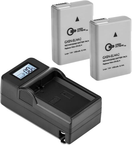 2 Pack EN-EL14A and Compact Smart Charger (7.4V 1100mAh) | Includes 2 EN-EL14A V2 batteries, smart charger and battery plate for charging, travel and photography in Kuwait