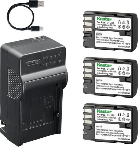 Kastar 3-Pack D-Li90 Battery and AC & USB-C Charger Compatible with Pentax K-1 K-3 III K-3 II K-5 II K-5 IIs K-7 645D 645Z DSLR Cameras in Kuwait