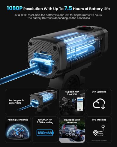 AKEEYO AKY-710Lite Motorcycle Camera/Bike Camera 2K30FPS WiFi Action Camera with Ultra HD,IP66 Waterproof with Loop & Emergency Recording, Parking Monitor,Rechargeable,7.5 Hours Extended Battery in Kuwait