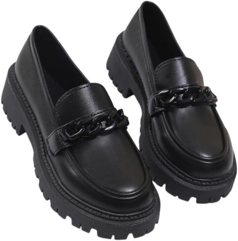 Women's Large Size Chunky Platform Loafers, Slip On Chain&Bow Decor, Comfortable Round Toe Non-Slip Casual Work Shoes in Kuwait