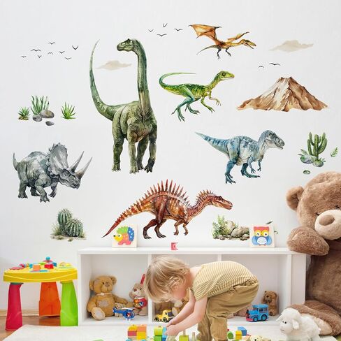 Dinosaur Wall Decals, Large Dino Wall Stickers Volcano Tropical Plants Cactus Peel and Stick Art Decoration for Boys Girls Kids Classroom Bedroom Toddler Playroom Nursery Room in Kuwait