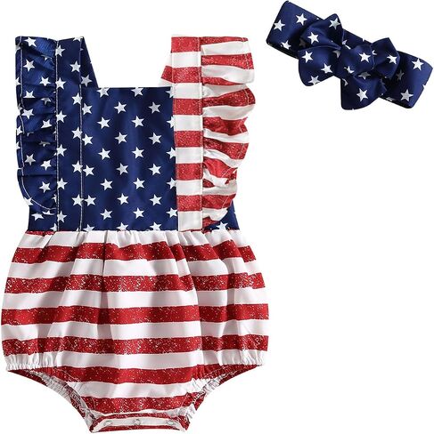 FYBITBO Baby Girl 4th Fourth of July Outfit My First 4th of July Romper Jumpsuit Newborn Onesie American Flag Clothes in Kuwait