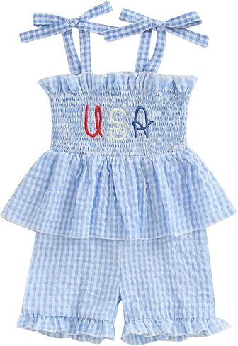 Biayxms 4th of July Toddler Baby Girl Outfits Romper Sleeveless Ruffled Overalls Shorts Girls Independence Day Clothes in Kuwait
