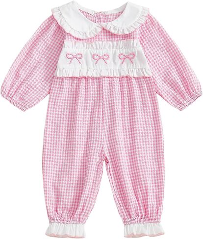 Seyurigaoka Newborn Baby Girl Smocked Bubble Romper Bow Gingham Jumpsuit | Peter Pan Collar One Piece Going Home Outfits, Long Sleeve, Infant Fall Winter Clothes for 0-18M in Kuwait