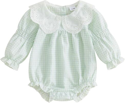 Sasaerucure Newborn Baby Girl Long Sleeve Romper Gingham Clothes Ruffle Collared Jumpsuit Top Bubble Outfit Fall Spring in Kuwait