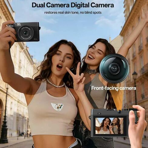 5K 75 MP Digital Camera for Photography with 18X Zoom, 64GB, UHD Dual Lens | WiFi Autofocus Vlogging Camera, Compact Point and Shoot Travel Cameras for Beginner and Teen, 1 Charge for 2 Batteries, Gift in Kuwait