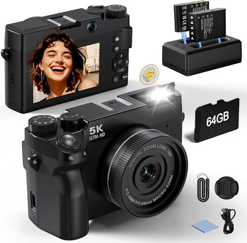 5K 75 MP Digital Camera for Photography with 18X Zoom, 64GB, UHD Dual Lens | WiFi Autofocus Vlogging Camera, Compact Point and Shoot Travel Cameras for Beginner and Teen, 1 Charge for 2 Batteries, Gift in Kuwait