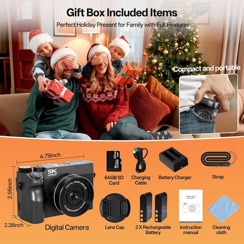 5K 75 MP Digital Camera for Photography with 18X Zoom, 64GB, UHD Dual Lens | WiFi Autofocus Vlogging Camera, Compact Point and Shoot Travel Cameras for Beginner and Teen, 1 Charge for 2 Batteries, Gift in Kuwait