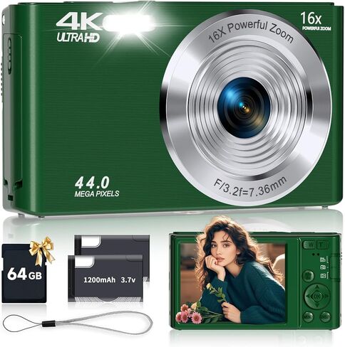 Digital Camera, FHD 4K Autofocus Compact Digital Cameras for Teens, Green Point and Shoot Camera for Kids with 16X Zoom, 64GB SD Card, 2026 Upgraded Small Digital Camera for Boys Girls Teens Kids Gift in Kuwait