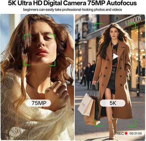 5K 75 MP Digital Camera for Photography with 18X Zoom, 64GB, UHD Dual Lens | WiFi Autofocus Vlogging Camera, Compact Point and Shoot Travel Cameras for Beginner and Teen, 1 Charge for 2 Batteries, Gift in Kuwait