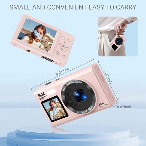 5K Digital Camera for Photography, 80MP Dual Screen Vlogging Camera for YouTube with WiFi, 16X Digital Zoom, Beauty Function, 2.8-inch Screen, Fill Light Includes 32GB Card & 2 Batteries (Pink) in Kuwait