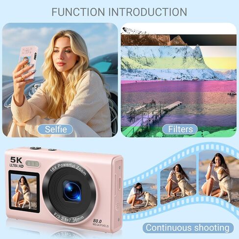 5K Digital Camera for Photography, 80MP Dual Screen Vlogging Camera for YouTube with WiFi, 16X Digital Zoom, Beauty Function, 2.8-inch Screen, Fill Light Includes 32GB Card & 2 Batteries (Pink) in Kuwait