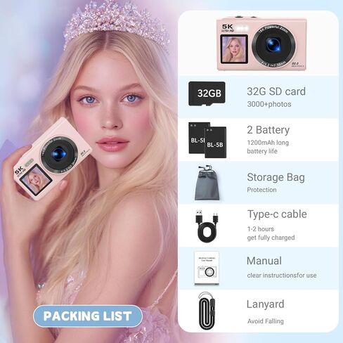 5K Digital Camera for Photography, 80MP Dual Screen Vlogging Camera for YouTube with WiFi, 16X Digital Zoom, Beauty Function, 2.8-inch Screen, Fill Light Includes 32GB Card & 2 Batteries (Pink) in Kuwait