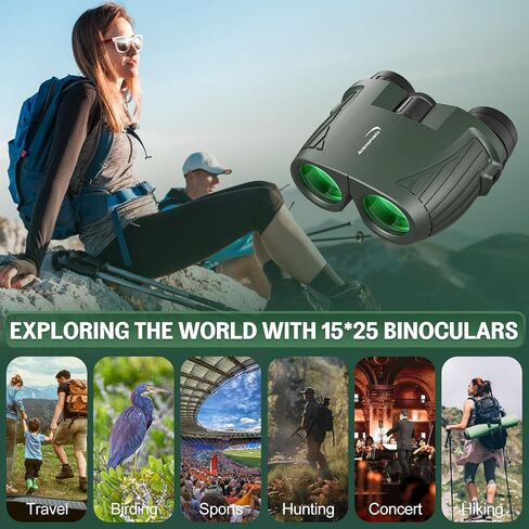 Aurosports 15x25 Compact Binoculars for Adult Kids - High Power Binoculars for Bird Watching - Easy Focus Small Binocular with Low Light Vision for Travel, Camping, Concert, Hiking -Green in Kuwait
