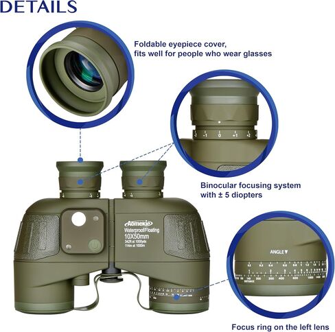 AOMEKIE 10x50 Waterproof Marine Binoculars for Adults with Rangefinder Compass BAK4 Prism FMC Lens for Birdwatching Hunting Boating in Kuwait