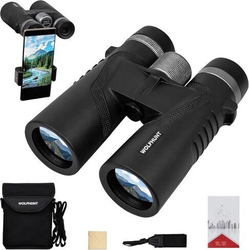 WOLFHUNT 12x42 10x42 Optics Binoculars, IPX7 High Power Bino, BAK-4 Prism FMC Lens, Waterproof, Nitrogen-Filled Fogproof Binoculars for Bird Watching, Hunting, Travel (OD Green, 10x) in Kuwait