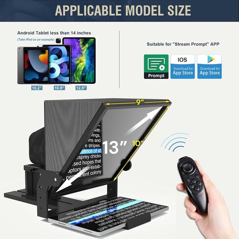 13" Teleprompter for DSLR Camera Tablet, with APP & Remote | HD Glass, Adjustable Height & Angle, Compatible with iOS & Android, Portable Aluminum Alloy, for Video Creation in Saudi Arabia
