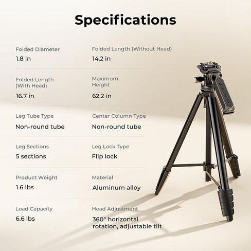 K&F CONCEPT Lightweight Camera Tripod for Phone | 16.7" (42.5cm) Folded, Quick Release Plate, Phone Holder & Strap, Max 62.2" (158cm) Height, 3kg Load, S205A1 in Kuwait