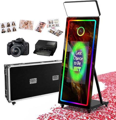 65'' Magic Mirror Photo Booth with 43'' Touch Screen, Mirror Photo Booth with Camera and Printer, Square Fill & LED Light, Instant Sharing & Branded Flight Case for Wedding, Party & Event-Black in Kuwait