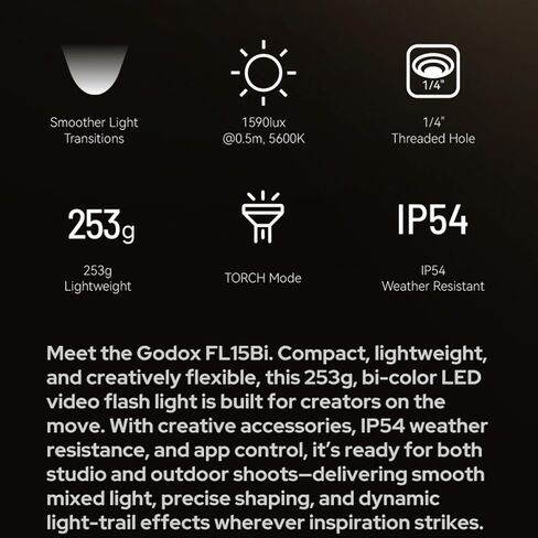 Godox FL15Bi Bi-Color LED Video Flash Light, Photography Flashlight | 11 FX Effects, IP54 Weather Resistant, 1/4" Threaded, Lightweight Handheld Fill Light Spotlight for Photo, Video w/Barndoor in Kuwait