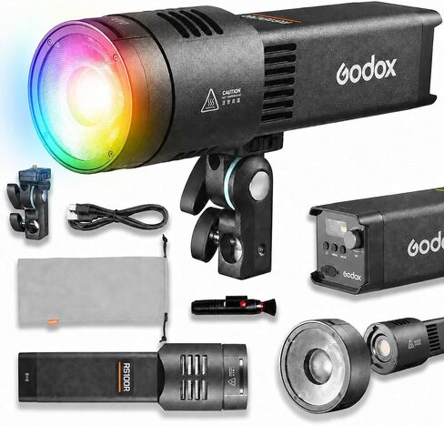 Godox RS100R 100W RGB LED Video Light, Full Color COB Photography Light, 18100Lux, 1800K-10000K, 0.1% Dimming, Built-in Battery, USB-C Charging, App/DMX Control for Studio Video Streaming in Kuwait