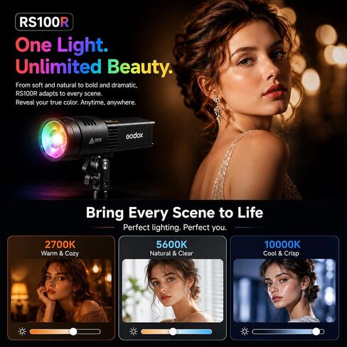 Godox RS100R 100W RGB LED Video Light, Full Color COB Photography Light, 18100Lux, 1800K-10000K, 0.1% Dimming, Built-in Battery, USB-C Charging, App/DMX Control for Studio Video Streaming in Kuwait