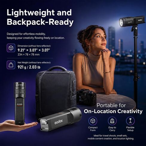 Godox RS100R 100W RGB LED Video Light, Full Color COB Photography Light, 18100Lux, 1800K-10000K, 0.1% Dimming, Built-in Battery, USB-C Charging, App/DMX Control for Studio Video Streaming in Kuwait