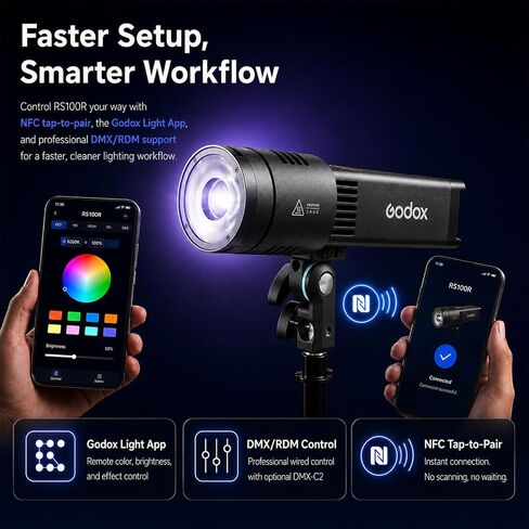 Godox RS100R 100W RGB LED Video Light, Full Color COB Photography Light, 18100Lux, 1800K-10000K, 0.1% Dimming, Built-in Battery, USB-C Charging, App/DMX Control for Studio Video Streaming in Kuwait